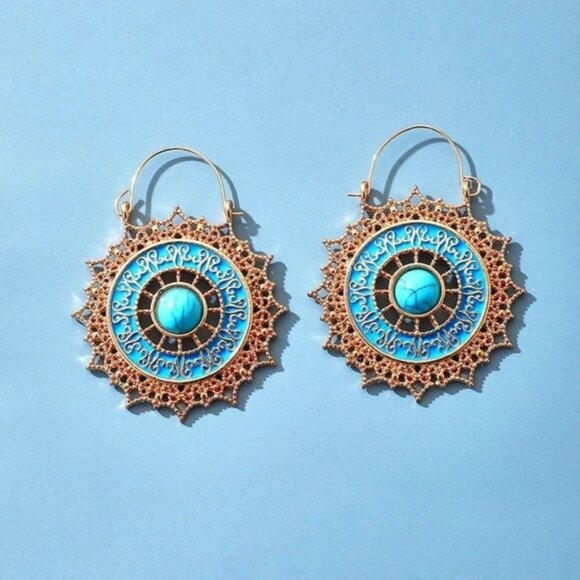 Turquoise & Gold Vintage Ethnic Hoop Earrings - Picture 3 of 4